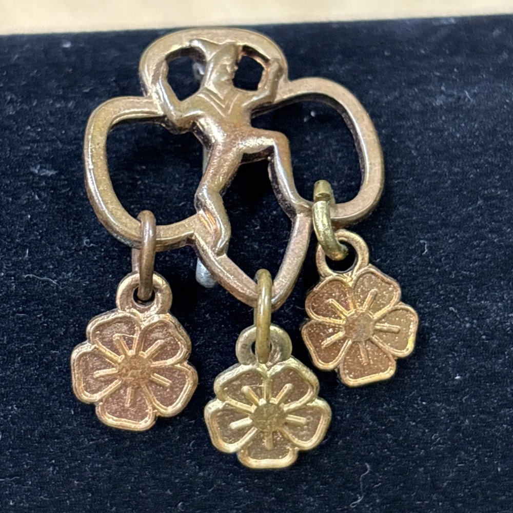 Vintage Girl Scout Brownie Pixie Brooch Pin Dangling Flower Charms Mid Century